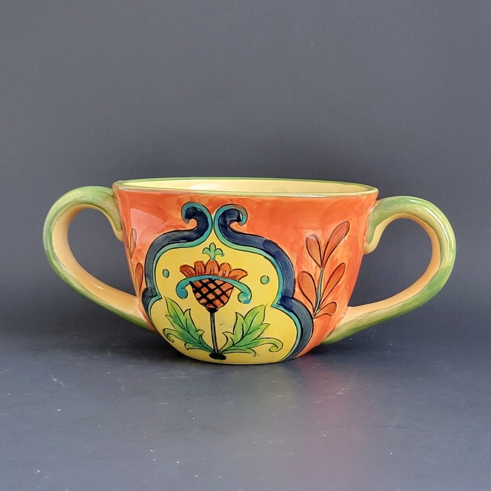 Talavera Double Handled Soup Bowl Pottery Ceramic Yellow Green